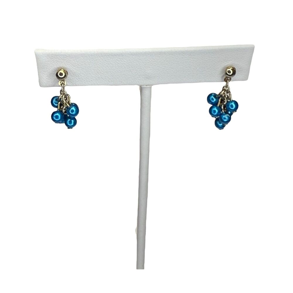 Vintage Gold-Tone Boho Blue Beaded Cluster Dangle Earrings Women's Jewelry - Picture 5 of 6